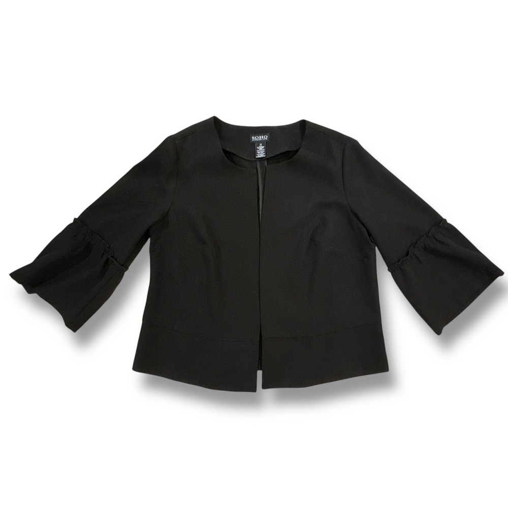 SOHO Apparel Ltd Womens 1X Black Ruffle Bell Sleeve Open Front Bolero Jacket EUC